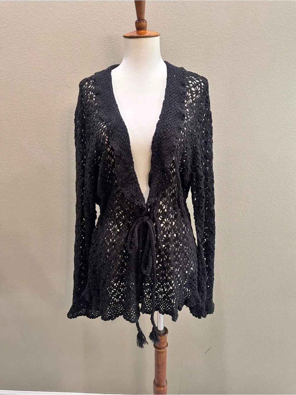 Oscar by Oscar De La Renta Black Crochet Tie-Front Sweater Cardigan L